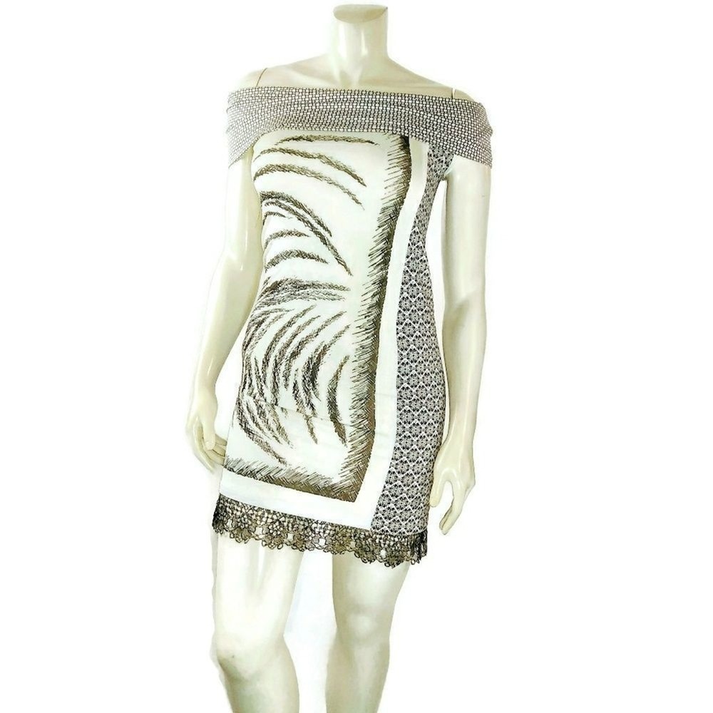 SAVE THE QUEEN Women's XS Off Shoulder Feather Abstract Print Mini Dress NWT - Picture 2 of 7